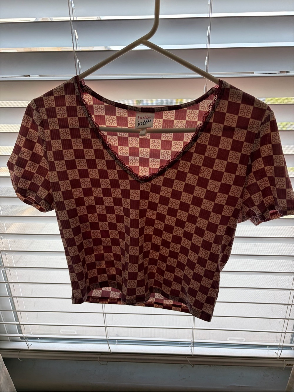 Belle Du Jour Burgundy and Cream Checkered V-Neck Crop Top